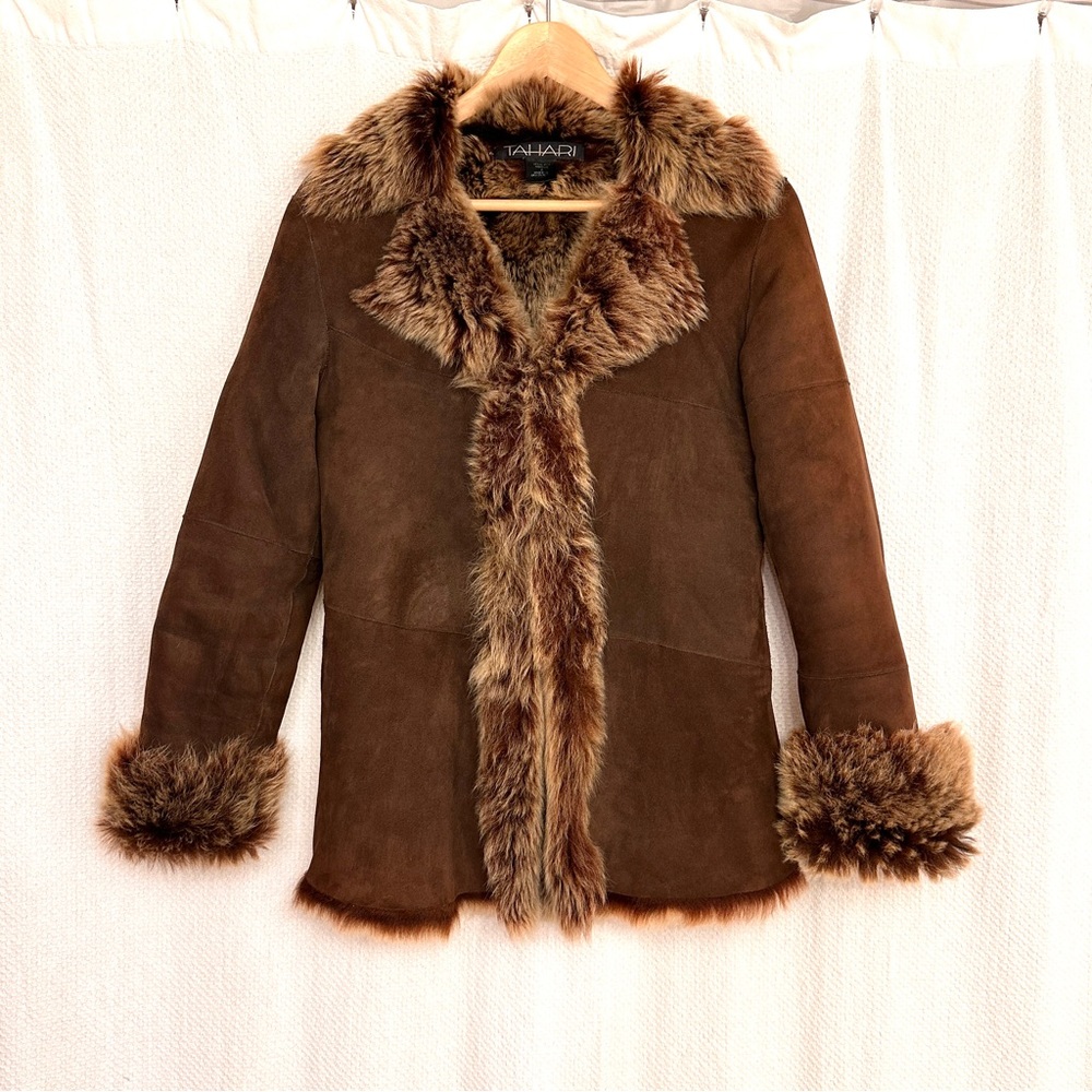 Tahari Genuine Lambskin shearling brown Suede coat jacket Toscana - XS-S